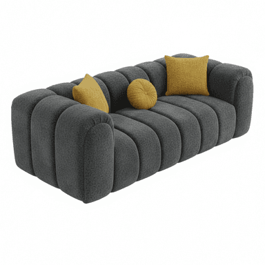 A modern sofa characterized by a distinctive ribbed or channel-tufted design in a dark grey, textured fabric. The sofa features a low-profile silhouette with wide, rounded armrests and backrest, creating a cohesive, sculptural form. It comes with three accent pillows in a mustard yellow hue: two square and one round, adding a pop of color to the monochromatic base. — 3D model (AI enhanced source)
