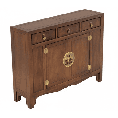 A rectangular dark wood cabinet with three upper drawers and two central doors, featuring intricate brass hardware in a traditional Chinese style. — 3D model (AI enhanced source)