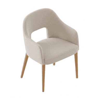 A contemporary upholstered armchair featuring a curved backrest that seamlessly transitions into integrated armrests. The chair is covered in a light beige or oatmeal-colored fabric and stands on four slender, tapered light-toned wooden legs. A distinctive cutout is present at the lower back of the chair, enhancing its modern aesthetic and offering a subtle visual lightness. — 3D model (AI enhanced source)