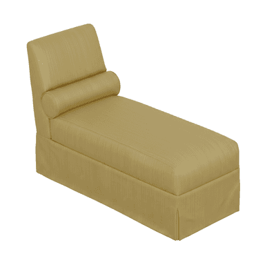 A contemporary upholstered chaise lounge featuring a single angled backrest, a long reclining surface, and a skirted base. It is covered in a light yellowish-green fabric with a subtle texture and includes a cylindrical bolster pillow attached to the backrest. — 3D model (AI enhanced source)