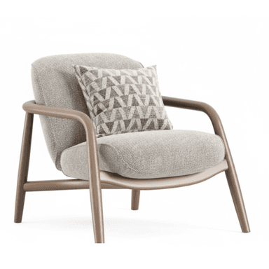 A modern upholstered lounge chair featuring a curved backrest, integrated armrests, and a visible wood frame with a medium brown finish. The upholstery is a light, textured fabric, and a decorative patterned throw pillow rests on the seat. — 3D model (AI enhanced source)