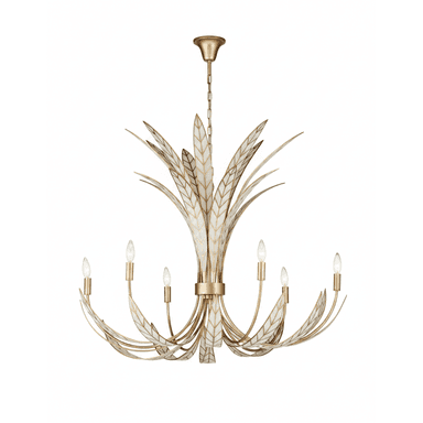 A luxurious chandelier featuring a central column from which multiple arms extend, adorned with intricate, leaf-like elements. The fixture is predominantly gilded in a rich gold finish, complemented by off-white or cream accents on the stylized leaves, which also feature a delicate patterned texture. It is equipped with eight candle-style light bulbs, arranged symmetrically to provide ample illumination. The chandelier is suspended by a chain, indicating it is designed for ceiling installation. — 3D model (AI enhanced source)