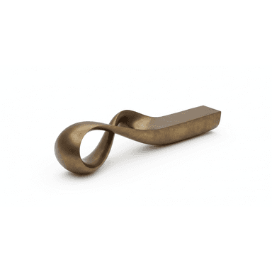 An elongated abstract sculpture made from what appears to be aged bronze or brass. The form features a continuous, curvilinear loop at one end, transitioning into a subtly twisted, tapering body that flattens out towards the other end. The surface is smooth with a metallic sheen, suggesting a solid, cast construction. — 3D model (AI enhanced source)