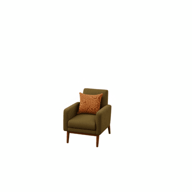 A modern upholstered armchair featuring an olive green fabric, straight arms, and splayed wooden tapered legs. It includes a decorative accent pillow with an orange paisley pattern. — 3D model (AI enhanced source)