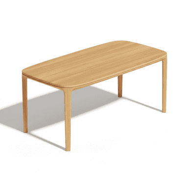 A modern, minimalist coffee table made from light-colored wood. It features a rectangular top with softened, rounded edges and four slender, straight legs that appear seamlessly integrated into the table's structure. The wood exhibits a natural grain pattern, and the overall design is clean and contemporary. — 3D model (AI enhanced source)