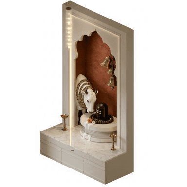 An integrated modern Hindu home temple unit, featuring a multi-tiered design with a marble countertop, storage drawers, and an arched spiritual niche. The niche houses religious artifacts including a Nandi statue and a Shiva Lingam, accented by brass bells and oil lamps. The unit is illuminated with integrated LED lighting along the arch and a delicate pendant light fixture. — 3D model (AI enhanced source)