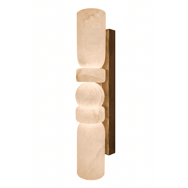 A vertical wall-mounted lighting fixture featuring stacked, irregular, organic-shaped elements made from translucent white and cream onyx. These stone sections are illuminated from within, diffusing a soft glow. The onyx elements are mounted onto a rectangular, brushed brass backplate that runs vertically along the fixture's length. — 3D model (AI enhanced source)