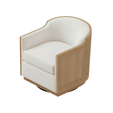A contemporary swivel accent chair featuring an exposed light-toned wood frame with natural cane webbing panels on the exterior. The interior seat and curved backrest are upholstered in a light, off-white fabric, and it rests on a concealed swivel base. — 3D model (AI enhanced source)