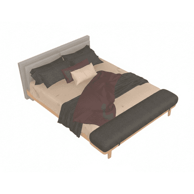 A modern platform bed featuring an upholstered headboard and a matching integrated foot bench, dressed with layered bedding in neutral and accent colors. — 3D model (AI enhanced source)