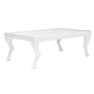 A white rectangular coffee table featuring four legs sculpted to resemble animal legs with hooves, exhibiting a distinctive and whimsical design with a high-gloss finish. — 3D model (AI enhanced source)