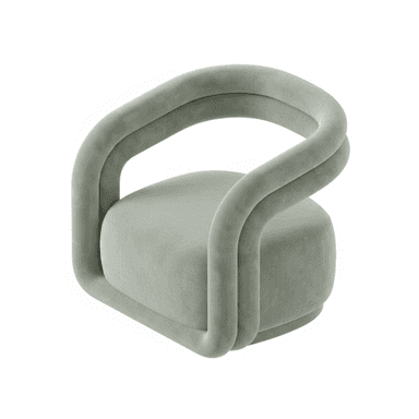 A modern armchair with a rounded, sculptural design. The armchair features a thick, tubular frame that forms the arms and backrest, which appears to be upholstered in a soft, plush fabric. The seat is wide and cushioned, providing a comfortable seating surface. The overall aesthetic is contemporary and inviting. — 3D model (AI enhanced source)
