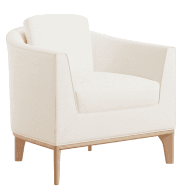 A contemporary upholstered armchair featuring a clean, rounded profile with a cream-colored textured fabric and an exposed light-toned wooden base and tapered legs. — 3D model (AI enhanced source)