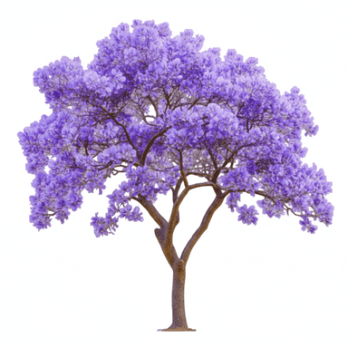 A vibrant Jacaranda tree depicted against a plain white background, showcasing its characteristic purple, trumpet-shaped blossoms. The tree has a well-formed, spreading canopy dense with flowers, and a visible brown trunk with multiple branches supporting the foliage. — 3D model (AI enhanced source)