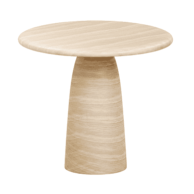 A small, round side table crafted entirely from natural travertine stone, featuring a circular top and a conical pedestal base. The stone displays characteristic horizontal banding and a matte finish. — 3D model (AI enhanced source)