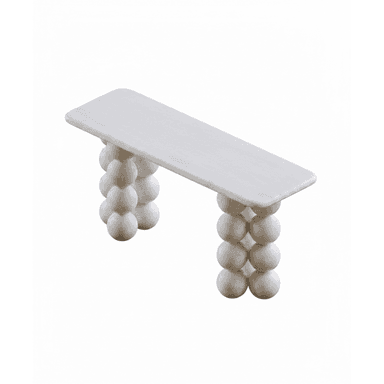 A white, rectangular bench featuring a solid top with rounded edges, supported by two bases each composed of three large, stacked spherical elements. The material appears to be a light-colored, textured stone or stone composite. — 3D model (AI enhanced source)