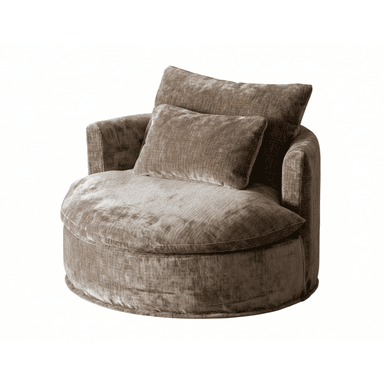 An oversized, round lounge chair upholstered in a plush, textured taupe velvet fabric. The chair features a deep, comfortable seat cushion and a rounded, integrated backrest and arms, forming a barrel-like silhouette. It comes with two additional rectangular throw pillows in the same material, enhancing comfort and aesthetic appeal. The overall design emphasizes softness and a luxurious feel. — 3D model (AI enhanced source)