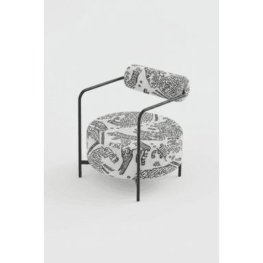 A contemporary round accent chair featuring a black tubular metal frame and black and white graphic patterned upholstery. — 3D model (AI enhanced source)