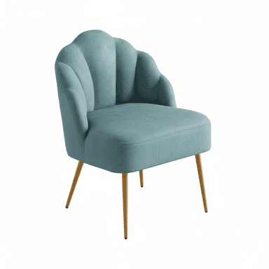 A modern accent chair featuring a distinctive scalloped or shell-like backrest, upholstered in a soft teal fabric, supported by four slender, tapered legs with a metallic finish. — 3D model (AI enhanced source)