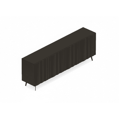A long, low dark-colored cabinet with four fluted doors, standing on slender, tapered black metal legs. The cabinet has a matte finish and a minimalist design. — 3D model (AI enhanced source)