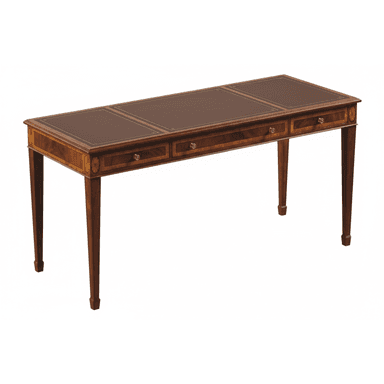 A long, narrow neoclassical writing desk featuring a rich wood finish, three drawers, and a dark leather inlaid top. The desk is adorned with intricate marquetry and brass hardware, supported by tapered legs. — 3D model (AI enhanced source)