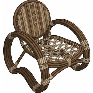 A low-slung armchair constructed from bent rattan or bamboo, featuring a rounded upholstered backrest with a patterned fabric and a woven cane seat. The frame is dark brown, and joints are secured with lighter natural lashing. — 3D model (AI enhanced source)