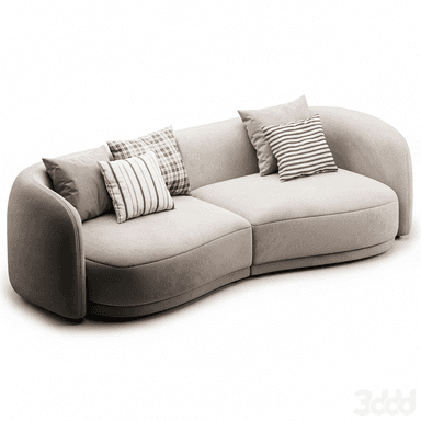 A contemporary curved modular sofa upholstered in a light neutral fabric, featuring a low profile, rounded edges, and accompanied by multiple throw pillows. — 3D model (AI enhanced source)