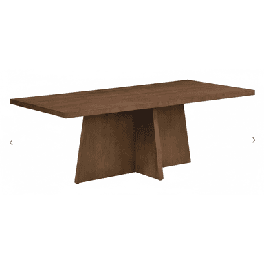 A modern, rectangular dining table crafted from dark brown wood, featuring a thick tabletop and a distinctive sculptural pedestal base formed by intersecting angled panels. — 3D model (AI enhanced source)