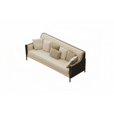 A refined three-seater sofa featuring a high, gently curved backrest and flat, dark-stained wooden armrests. The sofa is upholstered in a light beige or cream fabric, complemented by a selection of coordinating throw pillows in similar and slightly darker beige tones. It stands on short, tapered dark wooden legs finished with metallic gold or brass ferrules. — 3D model (AI enhanced source)