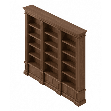 A large, multi-section wooden bookcase with a traditional design, featuring three distinct bays separated by decorative fluted pilasters. The unit is constructed from dark-stained wood, exhibiting a rich grain. It includes extensive crown molding at the top and a substantial, stepped base with decorative paneling along the lower sections of each bay. Each bay contains multiple fixed shelves, providing ample storage for books and decorative items. — 3D model (AI enhanced source)