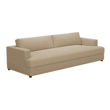 A modern three-seater sofa upholstered in a light beige fabric, featuring track arms and two individual back cushions, supported by a low, dark base. — 3D model (AI enhanced source)