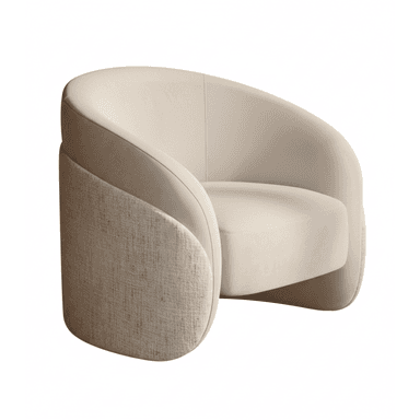 A contemporary barrel-style accent chair featuring two-tone upholstery. The interior and upper exterior of the chair are covered in a smooth, light beige or cream fabric, while the lower exterior and sides are upholstered in a contrasting textured, light brown or tan fabric. The chair has a curved back and integrated arms, providing a compact and inviting form without visible legs. — 3D model (AI enhanced source)