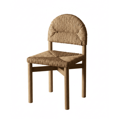 An armless side chair featuring a light-toned wooden frame and tightly woven natural rush or seagrass for both the seat and the arched backrest. The design is simple and organic, with straight, round tapered legs and a minimalistic cross-brace structure under the seat for stability. The woven elements provide texture and a natural aesthetic. — 3D model (AI enhanced source)