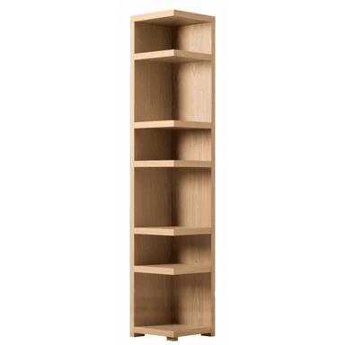 A tall, narrow, light-colored wooden corner shelf unit featuring multiple open shelves. The unit is designed to fit snugly into a room corner, maximizing vertical storage space. It presents a clean, minimalist aesthetic with visible wood grain. — 3D model (AI enhanced source)