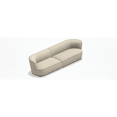 A contemporary two-seater upholstered sofa featuring a gracefully curved backrest that seamlessly transitions into integrated armrests. The sofa has a low-profile design, with two distinct seat cushions and subtle piping details. It rests on a discreet, dark-toned wooden or metallic base, which is minimally visible. — 3D model (AI enhanced source)