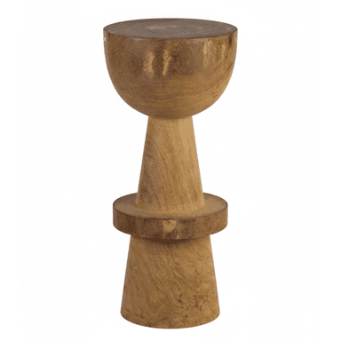 A solid wood pedestal stool featuring an abstract and sculptural form. It consists of a thick, round, bowl-shaped top, supported by a tapered conical shaft, which rests on a flat, circular ring element. Below the ring, another wider, inverted conical section forms the base. The natural wood grain is visible throughout, showcasing variations in tone. — 3D model (AI enhanced source)