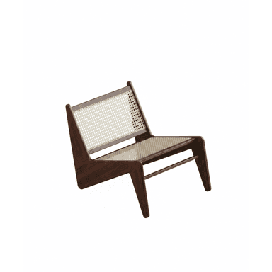 A low-profile lounge chair constructed with a dark wooden frame and woven cane webbing for the seat and backrest. The chair features angled legs and a minimalist design. — 3D model (AI enhanced source)