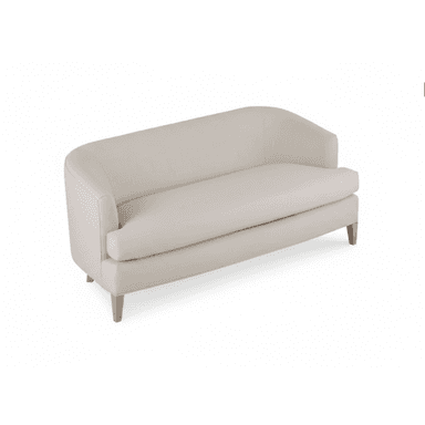 A contemporary sofa with a curved back and sleek, tailored upholstery. It features a single seat cushion and exposed wooden legs that taper slightly. — 3D model (AI enhanced source)