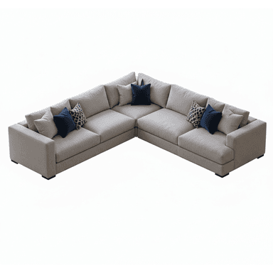 An L-shaped modular sectional sofa upholstered in light grey fabric. The sofa consists of multiple interchangeable units, forming a corner configuration. It features a low-profile design with wide, square arms and block-style feet. The backrests and seat cushions are removable, and it is accessorized with several throw pillows in dark blue and a geometric pattern. — 3D model (AI enhanced source)