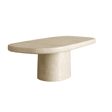 A contemporary coffee table made entirely of light beige travertine stone. It features an elongated oval-shaped top with smoothly rounded edges, supported by a single, solid cylindrical pedestal base. The design is minimalist and sculptural. — 3D model (AI enhanced source)