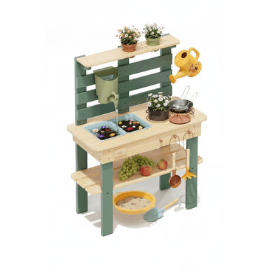 A children's wooden mud kitchen play stand with a natural wood finish on the main countertop and shelves, complemented by green painted legs and a slatted back panel. It features two removable light blue plastic play sinks, one with a functional green plastic tap and water container. There's an upper shelf on the back panel, a lower slat shelf beneath the main surface, and hooks for hanging accessories. Various play items like potted flowers, toy cooking utensils, faux grapes, apples, and a sand shovel are displayed. — 3D model (AI enhanced source)