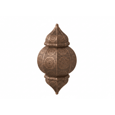 A highly decorative Moroccan-style pendant lantern, crafted from bronze-toned metal with intricate filigree patterns. The lantern features a distinctive two-part silhouette, with a dome-shaped top section merging into a larger, bulbous main body, both tapering to a pointed finial at the bottom. The entire surface is adorned with precise, laser-cut or hand-pierced geometric and floral motifs, designed to cast diffused and patterned light. — 3D model (AI enhanced source)