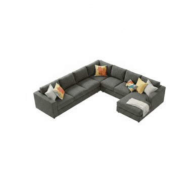 A large, contemporary L-shaped sectional sofa featuring a chaise lounge extension, upholstered in a textured gray fabric. The sofa consists of multiple modular components, including two two-seater sections and a chaise, arranged to form a spacious corner unit. It has a low-profile design with wide, flat arms and block-style legs. The backrests and seat cushions are plush, suggesting comfort. Several decorative throw pillows in various colors and patterns, along with a light-colored throw blanket, are placed on the sofa, adding accents to its neutral base. — 3D model (AI enhanced source)