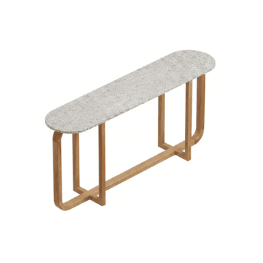 A modern console table featuring an elongated oval tabletop made of speckled grey stone, supported by a minimalist wooden base. The base consists of two U-shaped wooden frames, connected by a horizontal stretcher bar near the bottom, creating a light and airy aesthetic. — 3D model (AI enhanced source)