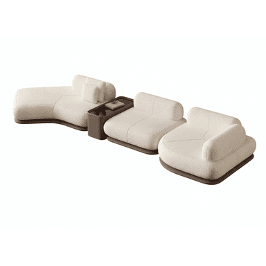 A modern modular sectional sofa system featuring a chaise lounge element, two armless seating modules, and an integrated rectangular side table. The sofa units are upholstered in a textured off-white bouclé-like fabric with soft, rounded forms and low-profile bases. The integrated table module has a dark brown finish and is positioned between two seating units, offering a functional surface. — 3D model (AI enhanced source)