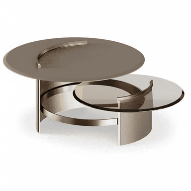 A sophisticated modern two-tiered round coffee table featuring a larger upper tier with an opaque brown glass top and a smaller, lower tier with a clear or smoked glass top. The table is supported by a sculptural base made from polished, curved metallic bands, likely brass or bronze, that provide both stability and a distinctive aesthetic. A decorative, crescent-shaped metal accent is visible on both glass surfaces. — 3D model (AI enhanced source)