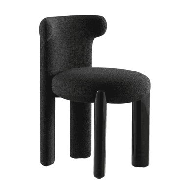 A contemporary accent chair featuring a chunky, sculptural form. The seat and backrest are upholstered in a textured black boucle fabric, with the backrest incorporating short, integrated armrests. The chair is supported by a combination of legs: two front legs are sleek, glossy black cylinders, while the rear legs are fully upholstered in the same black boucle fabric, extending directly from the chair's main structure. The design combines soft, tactile upholstery with smooth, reflective elements. — 3D model (AI enhanced source)