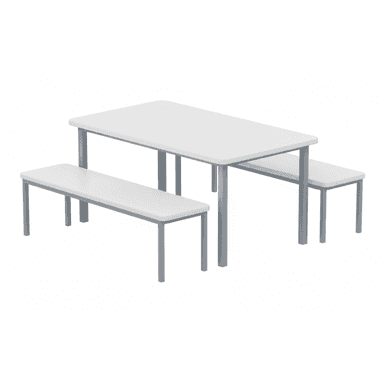A modern dining set featuring a rectangular table and two matching benches. The table and bench tops are white, and the frames/legs are a gray metal, presenting a clean and utilitarian design. — 3D model (AI enhanced source)