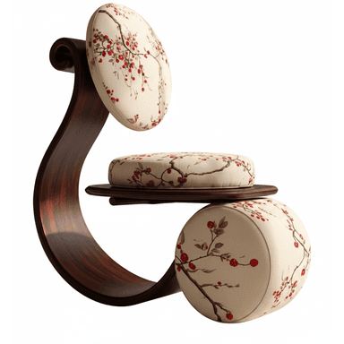A highly sculptural chaise lounge featuring a dark-stained, sinuous wooden frame that supports three distinct, round upholstered cushions. The cushions are cream-colored with a red berry or cherry blossom floral pattern. The frame forms an elegant, flowing curve, integrating a backrest, seat, and footrest into a cohesive design. — 3D model (AI enhanced source)