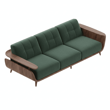 A three-seater sofa featuring a distinctive exposed walnut wood frame that forms the backrest and armrests. The upholstery consists of three individual seat cushions and three segmented, button-tufted back cushions, all in a dark green fabric. The armrests are curved, and the sofa is supported by four slender, tapered wooden legs. — 3D model (AI enhanced source)