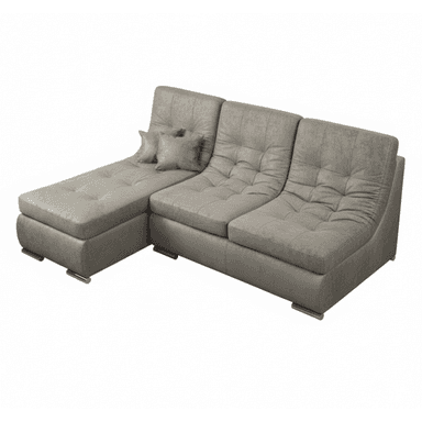 An L-shaped sectional sofa featuring a left-hand facing chaise lounge and two main seating sections. The sofa is upholstered in a light grey, textured fabric with distinctive deep tufting on the seat and back cushions. It has a low-profile design with subtly curved armrests and back, supported by small, rectangular chrome-finished feet. Two decorative throw pillows matching the upholstery are present on the chaise. — 3D model (AI enhanced source)